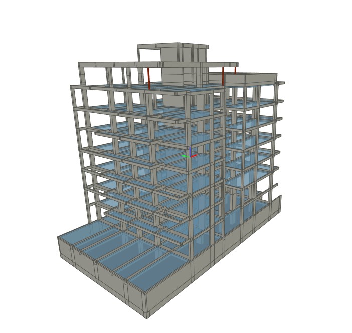 Modelo estructural 3D de edificio — vista contrafrente