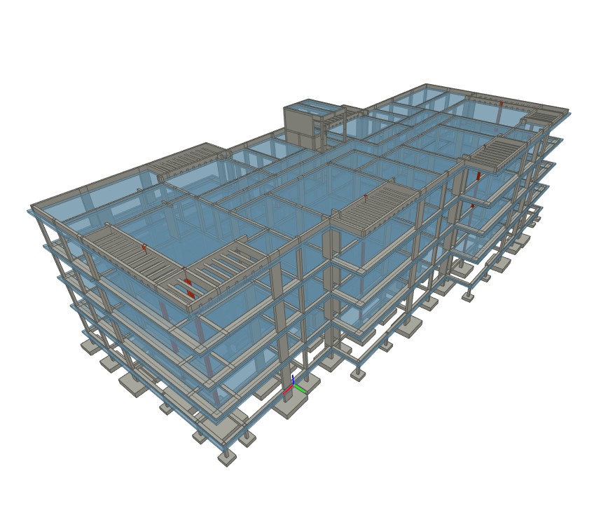 Modelo estructural 3D de edificio — vista frente